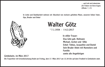Traueranzeige von Walter Götz von Trauerportal Rhein Main Presse
