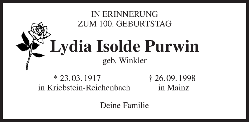  Traueranzeige für Lydia Isolde Purwin vom 23.03.2017 aus Trauerportal Rhein Main Presse