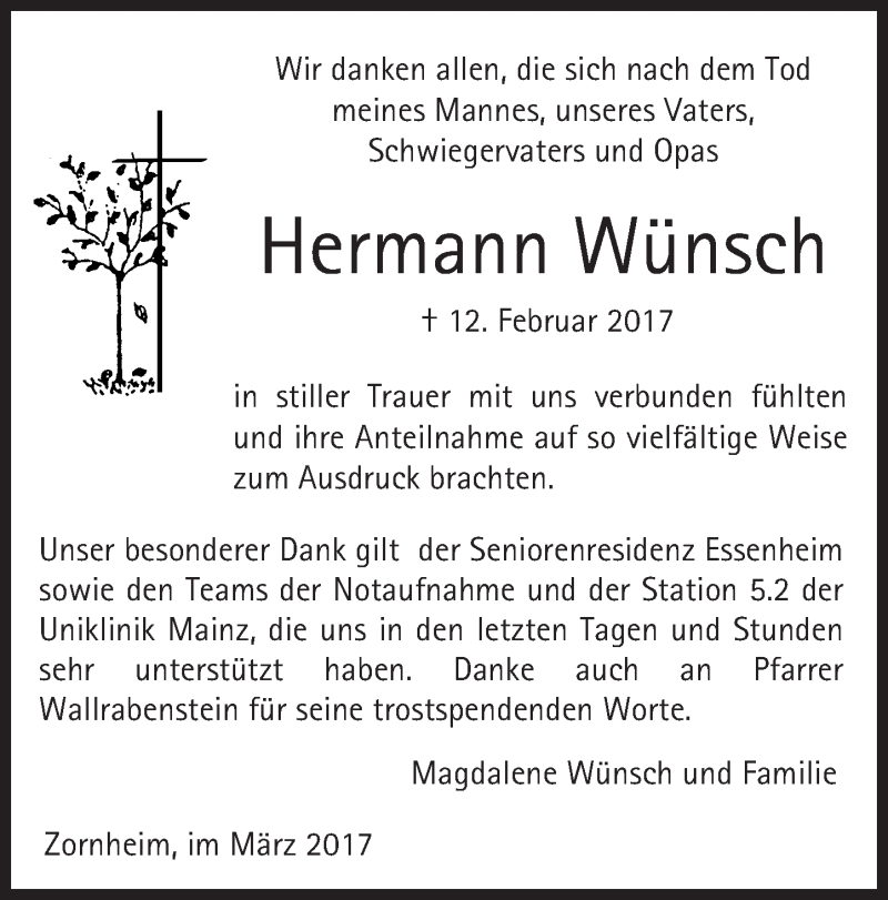  Traueranzeige für Hermann Wünsch vom 11.03.2017 aus Trauerportal Rhein Main Presse