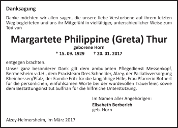 Traueranzeige von Margarete Philippine  Thur von Trauerportal Rhein Main Presse