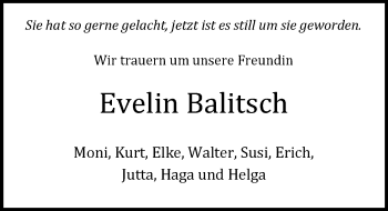 Traueranzeige von Evelin Balitsch von Trauerportal Rhein Main Presse