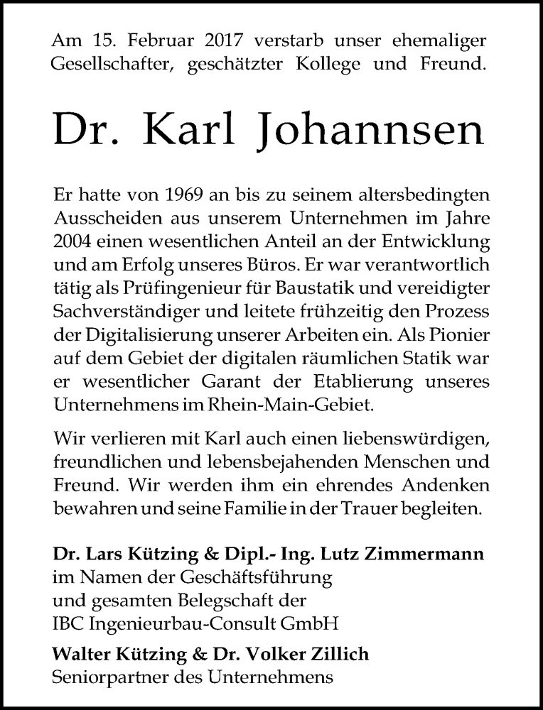  Traueranzeige für Karl Johannsen vom 11.03.2017 aus Trauerportal Rhein Main Presse
