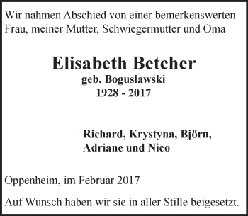 Traueranzeige von Elisabeth Betcher von Trauerportal Rhein Main Presse
