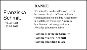 Traueranzeige von Franziska Schmitt von Trauerportal Echo Online