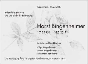 Traueranzeige von Horst Bingenheimer von Trauerportal Rhein Main Presse