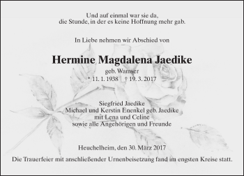 Traueranzeige von Hermine Magdalena Jaedike von  Gießener Anzeiger