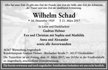 Traueranzeige von Wilhelm Schad von VRM Trauer