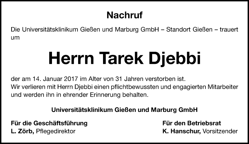  Traueranzeige für Tarek Djebbi vom 04.03.2017 aus  Gießener Anzeiger