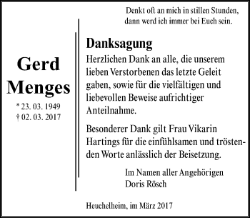 Traueranzeige von Gerd Menges von  Gießener Anzeiger