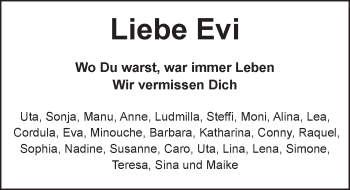 Traueranzeige von Evi  von Trauerportal Rhein Main Presse