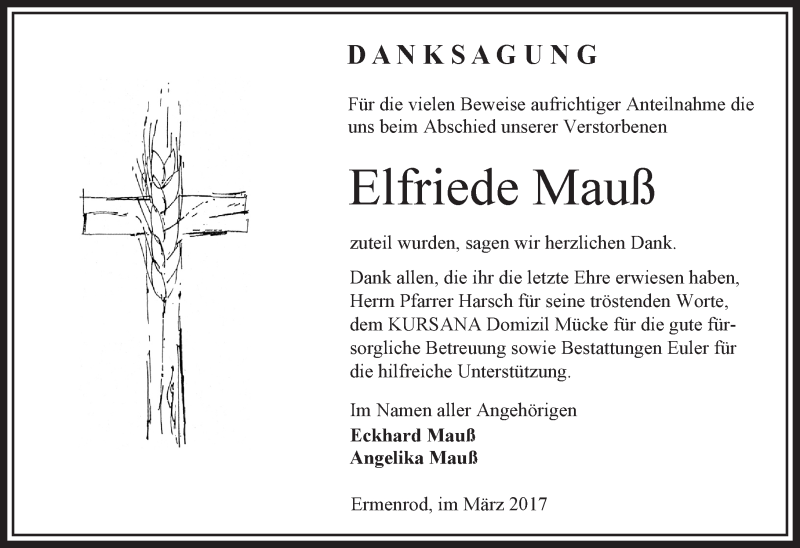  Traueranzeige für Elfriede Mauß vom 11.03.2017 aus VRM Trauer