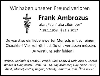 Traueranzeige von Frank Ambrozus von Trauerportal Rhein Main Presse