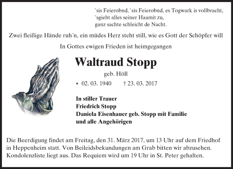  Traueranzeige für Waltraud Stopp vom 29.03.2017 aus Trauerportal Echo Online
