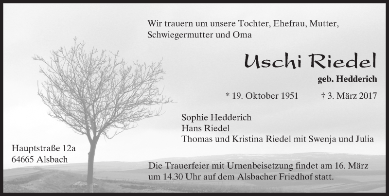  Traueranzeige für Uschi Riedel vom 13.03.2017 aus Trauerportal Echo Online