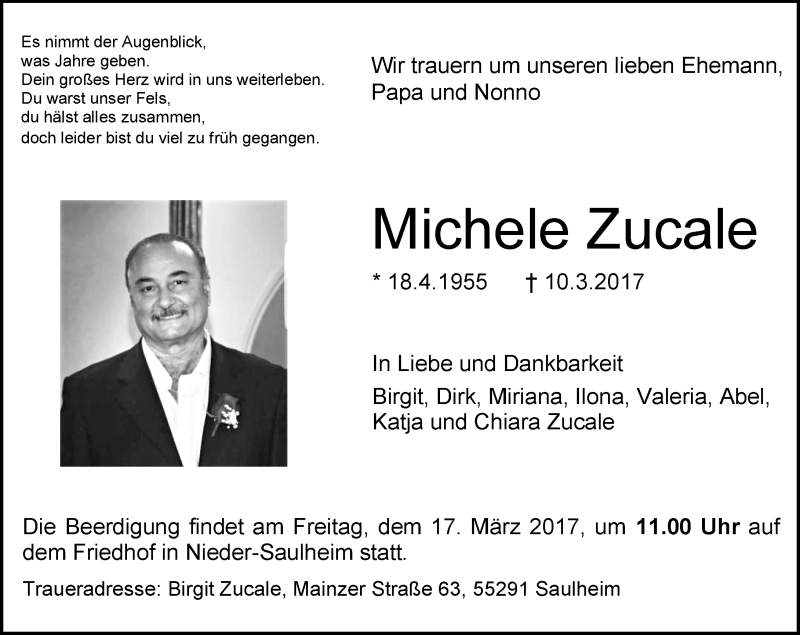  Traueranzeige für Michele Zucale vom 14.03.2017 aus Trauerportal Rhein Main Presse