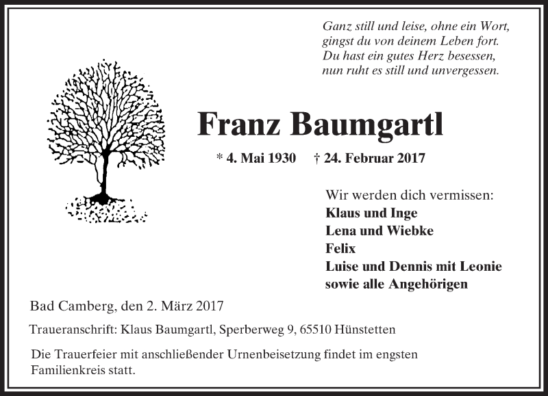  Traueranzeige für Franz Baumgartl vom 02.03.2017 aus  Camberger Anzeiger