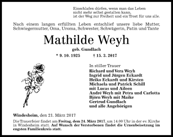Traueranzeige von Mathilde Weyh von Trauerportal Rhein Main Presse