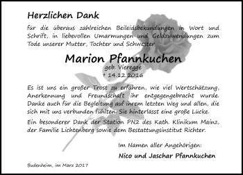 Traueranzeige von Marion Pfannkuchen von Trauerportal Rhein Main Presse