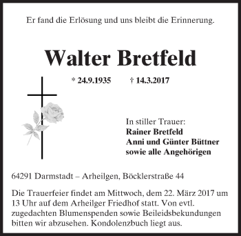 Traueranzeige von Walter Bretfeld von Trauerportal Echo Online