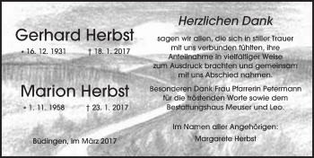Traueranzeige von Gerhard und Marion Herbst von  Kreisanzeiger