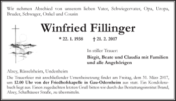 Traueranzeige von Winfried Fillinger von Trauerportal Rhein Main Presse