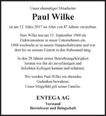 Traueranzeige von Paul Wilke von Trauerportal Echo Online