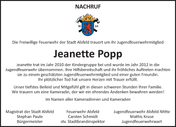 Traueranzeige von Jeanette Popp von VRM Trauer