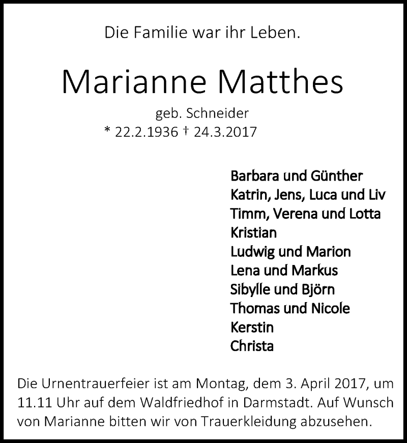  Traueranzeige für Marianne Matthes vom 29.03.2017 aus Trauerportal Echo Online