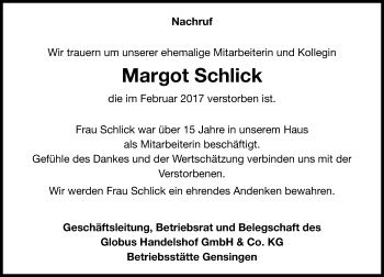 Traueranzeige von Margot Schlick von Trauerportal Rhein Main Presse