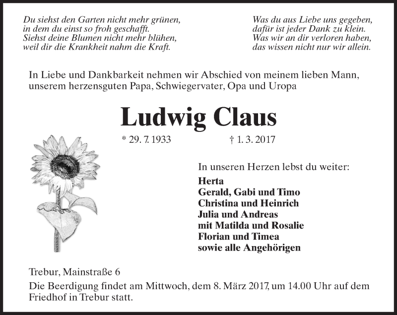  Traueranzeige für Ludwig Claus vom 06.03.2017 aus Trauerportal Rhein Main Presse