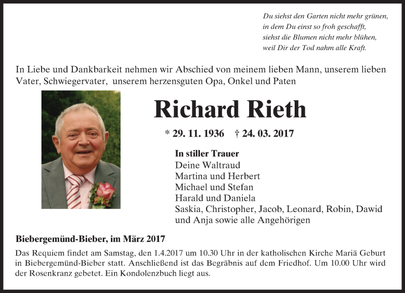  Traueranzeige für Richard Rieth vom 29.03.2017 aus  Gelnhäuser Tageblatt