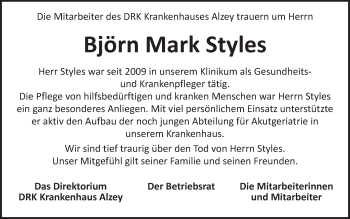 Traueranzeige von Björn Mark Styles von Trauerportal Rhein Main Presse
