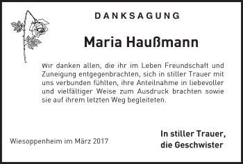 Traueranzeige von Maria Haußmann von Trauerportal Rhein Main Presse