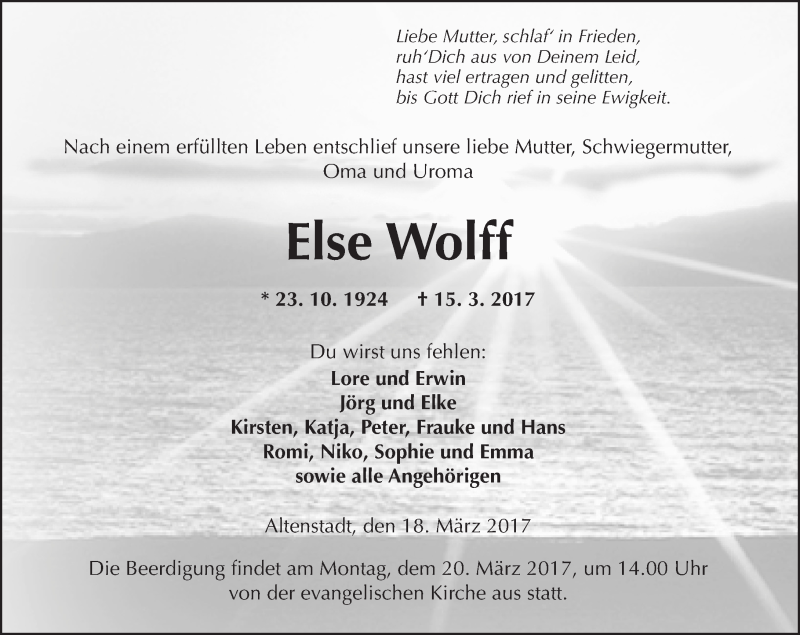  Traueranzeige für Else Wolff vom 18.03.2017 aus  Kreisanzeiger