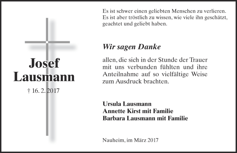  Traueranzeige für Josef Lausmann vom 11.03.2017 aus Trauerportal Rhein Main Presse