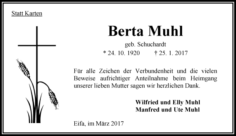  Traueranzeige für Berta Muhl vom 11.03.2017 aus  Oberhessische Zeitung