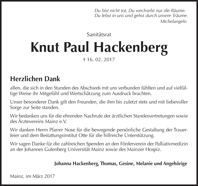  Traueranzeige für Knut Paul Hackenberg vom 18.03.2017 aus Trauerportal Rhein Main Presse