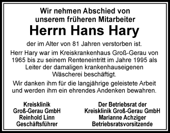 Traueranzeige von Hans Hary von Trauerportal Echo Online