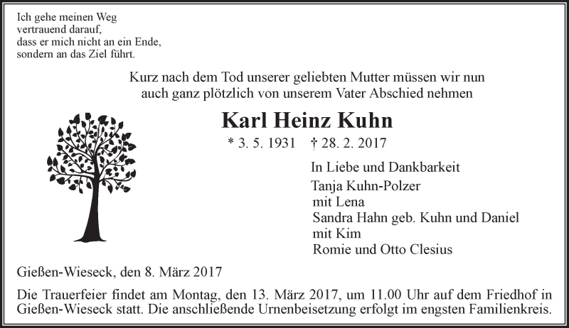  Traueranzeige für Karl Heinz Kuhn vom 08.03.2017 aus  Gießener Anzeiger