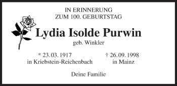 Traueranzeige von Lydia Isolde Purwin von Trauerportal Rhein Main Presse