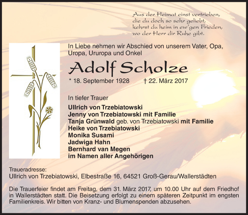  Traueranzeige für Adolf Scholze vom 30.03.2017 aus Trauerportal Echo Online