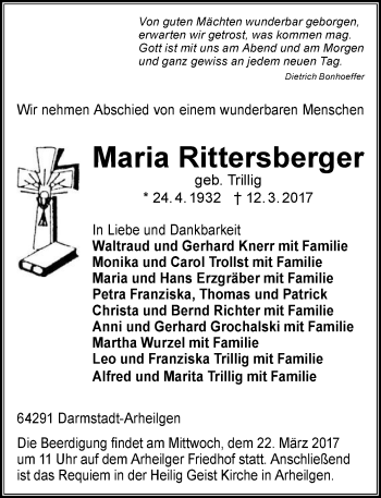 Traueranzeige von Maria Rittersberger von Trauerportal Echo Online