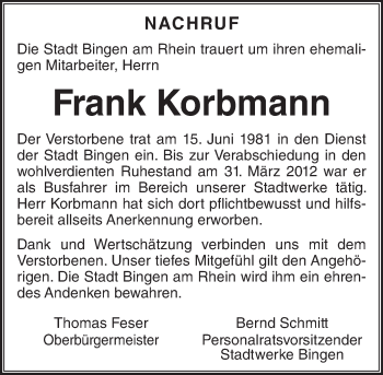 Traueranzeige von Frank Korbmann von Trauerportal Rhein Main Presse