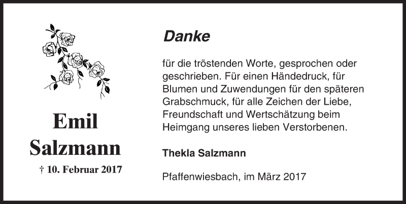  Traueranzeige für Emil Salzmann vom 11.03.2017 aus  Usinger Anzeiger