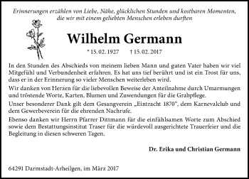 Traueranzeige von Wilhelm Germann von Trauerportal Echo Online