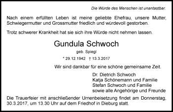 Traueranzeige von Gundula Schwoch von Trauerportal Echo Online