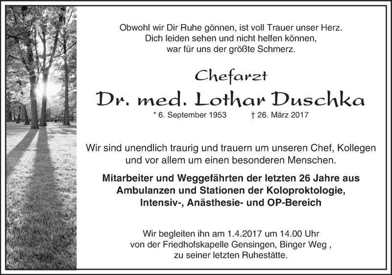  Traueranzeige für Lothar Duschka vom 31.03.2017 aus Trauerportal Rhein Main Presse