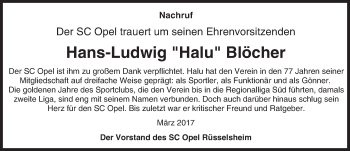 Traueranzeige von Hans-Ludwig Blöcher von Trauerportal Rhein Main Presse