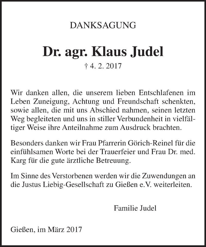  Traueranzeige für Klaus Judel vom 04.03.2017 aus  Gießener Anzeiger