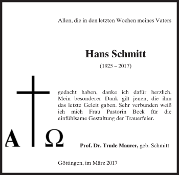 Traueranzeige von Hans Schmitt von Trauerportal Rhein Main Presse